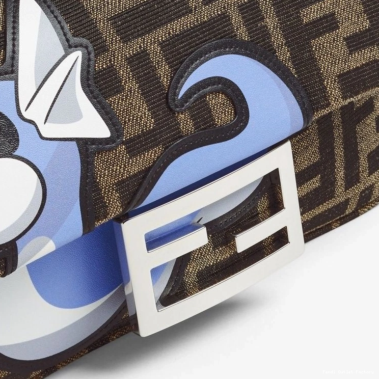 Vintage HOT FF Baguette Motif Fabric Blue Fendi In Pokmon Dragon Mini Bag Brown 0811